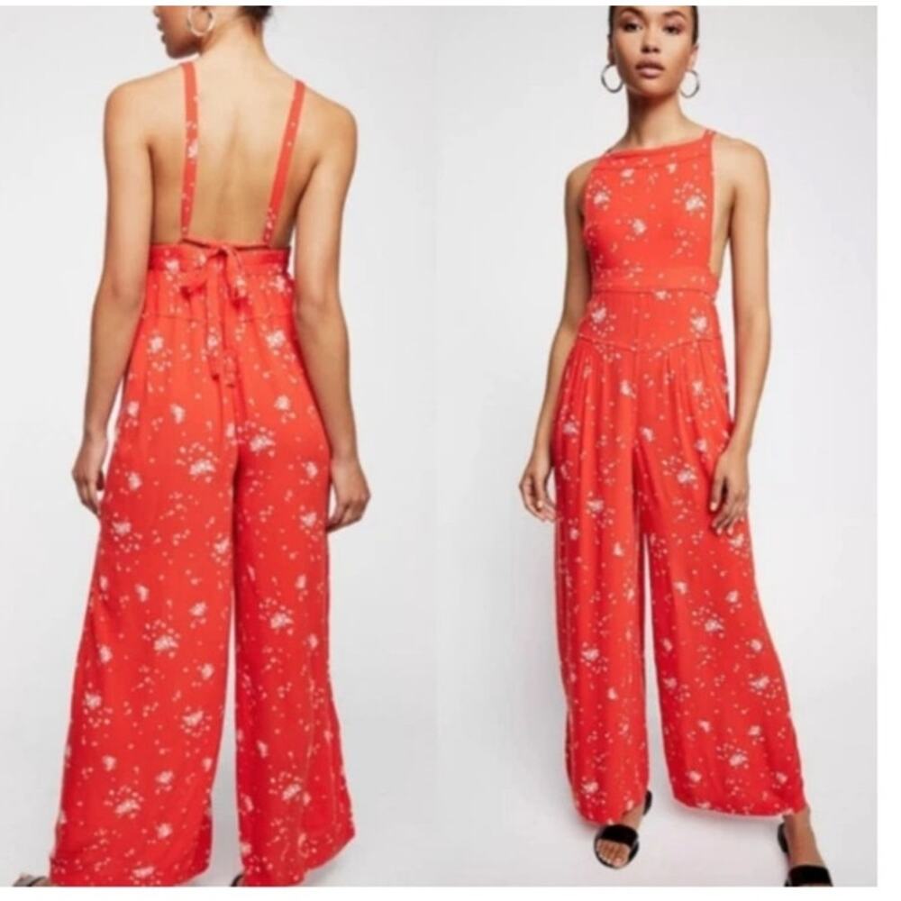 Free People Sweet In The Streets Red Floral Wide Leg Jumpsuit Size L